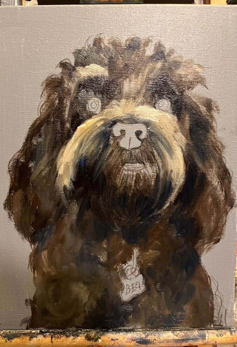 Oil portrait of Bea, a curly chocolate-brown dog, at the underpainting stage