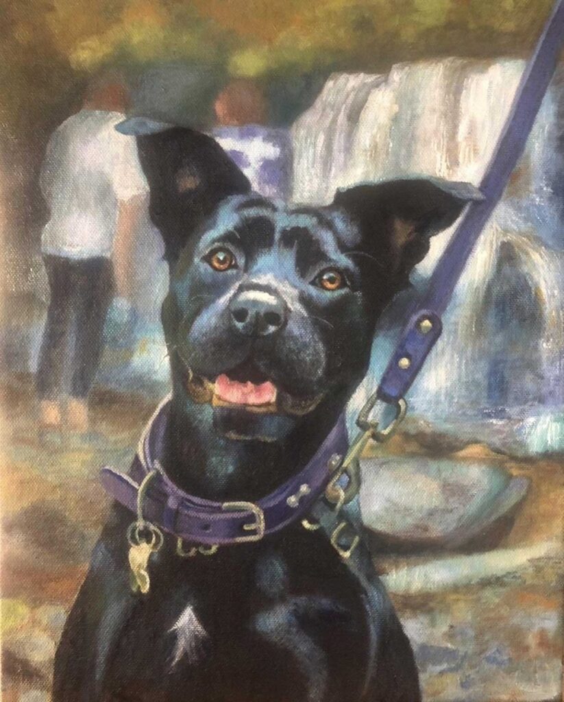Oil portrait of Avery, a black dog with a purple collar and leash, in front of a waterfall