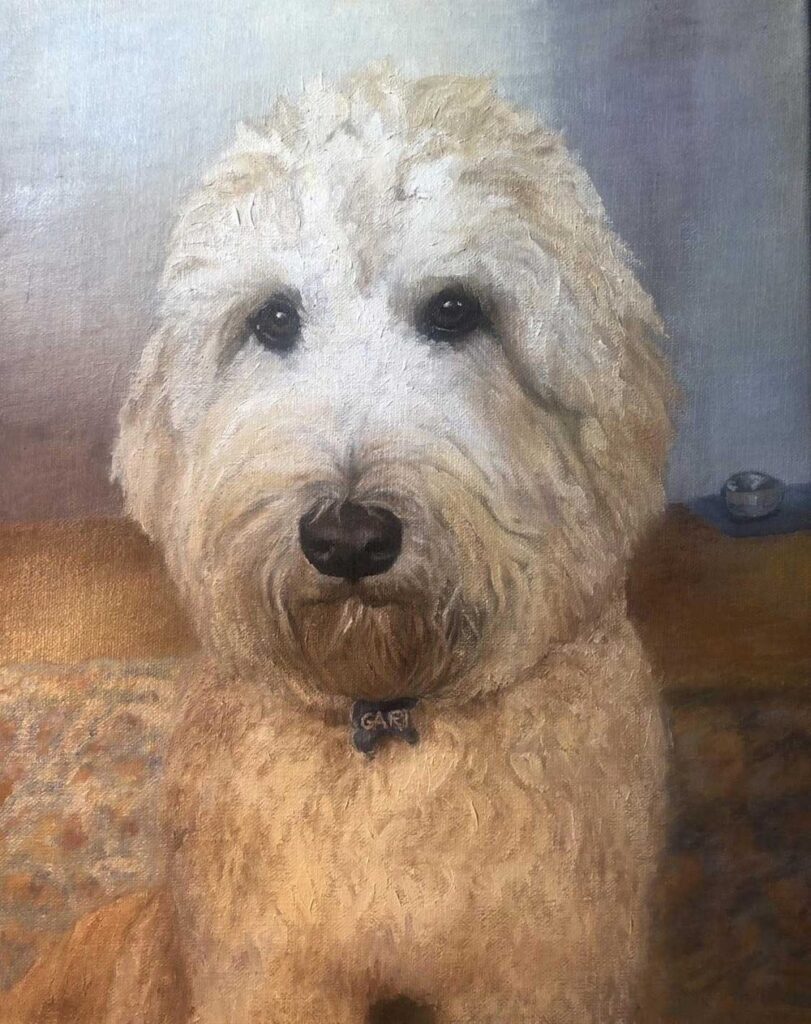 Oil portrait of Doodle, a shaggy cream doodle with a bone-shaped name tag