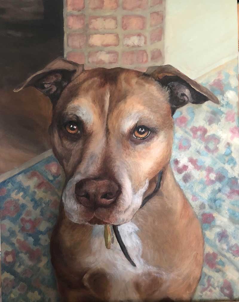 Oil portrait of Martas, a tan dog with a white muzzle, on a patterned rug by a brick wall
